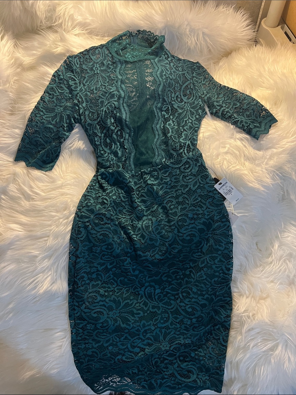 Express green Lace Midi Dress with High Neck and Three-Quarter Sleeves